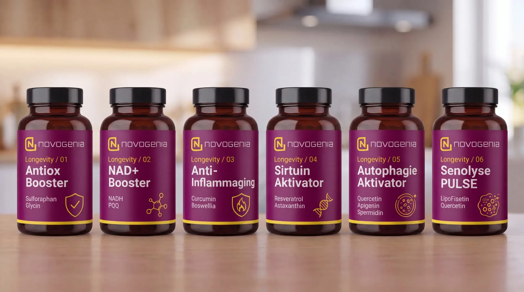 Novogenia Longevity — the six products of the series in a row