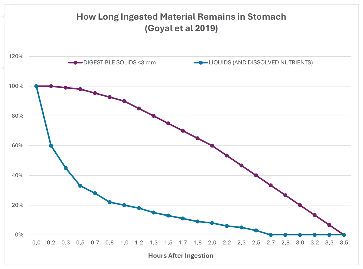 Liniendiagramm: Anteil des Materials, der über 3,5 Stunden im Magen verbleibt. Die Kurve für Flüssigkeiten fällt in der ersten Stunde steil ab, die Kurve für kleine Feststoffe fällt gleichmäßig bis etwa 3,5 Stunden.